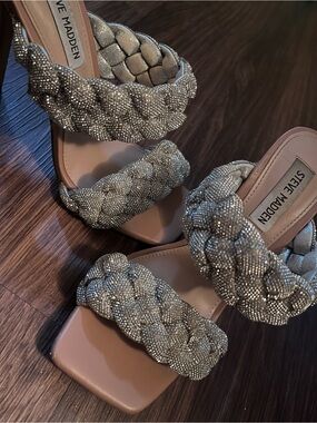 Steve Madden Metallic Silver Braided Slide Heels
